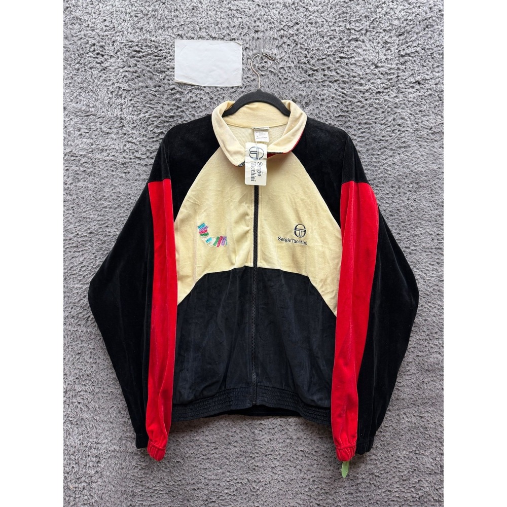 Vintage Sergio Tacchini Brisbane Velour Track Jacket Black Cream Red Size 38 NWD